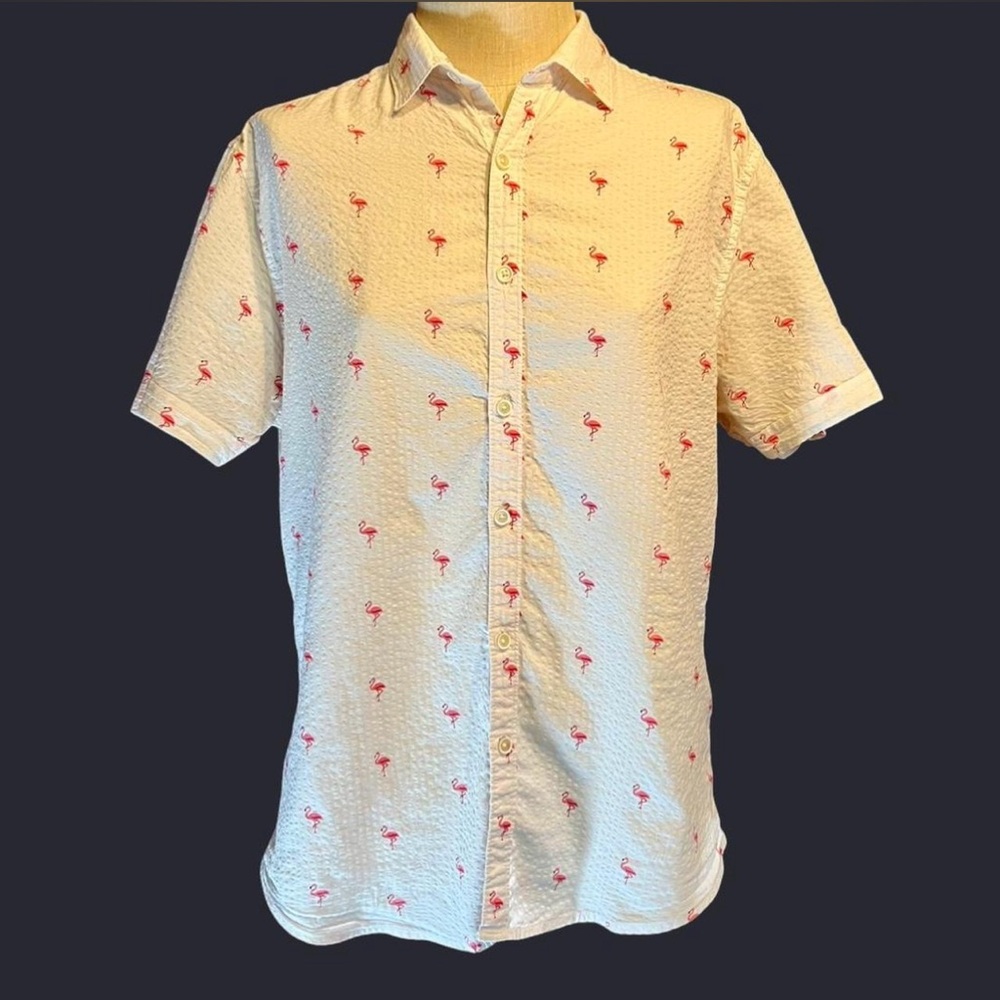 🦩Denim & Flower Flamingo Seersucker Short Sleeve Slim Fit Shirt • Ricky Singh